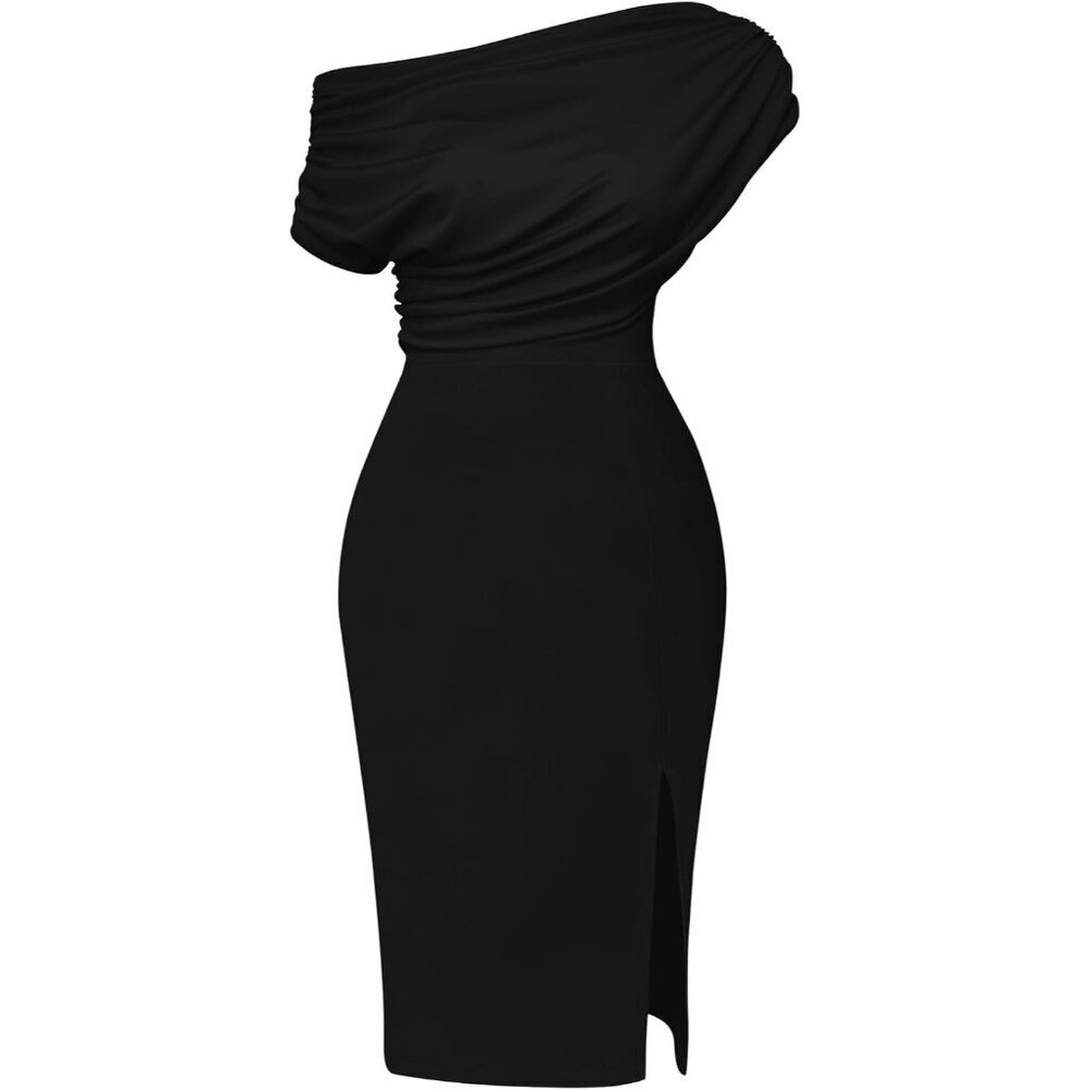 Women's Off Shoulder Midi Bodycon Dress Ruched Split Hem Party Evening